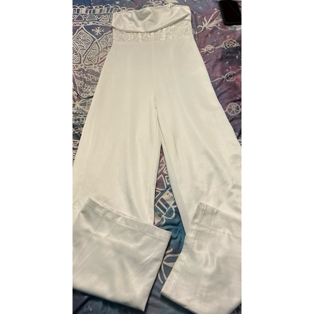 Maniju White Strapless Lace Top Elegant Wide Leg Bridal Jumpsuit, Size Small